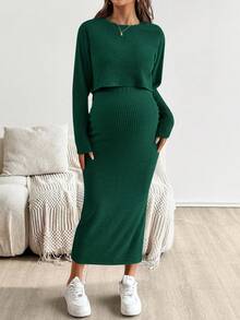 SHEIN Dwuczęściowy komplet ciążowy z okrągłym dekoltem i krótkim rękawem