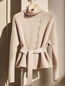 Franclia Nuevo suéter de punto de manga larga con cuello alto y cintura ceñida, estilo vintage, de alta gama para otoño/invierno para mujeres - Marrón - Ver 5
