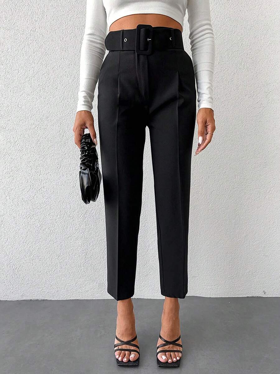 EURMUSE Cotton High Waist Belted Cropped Suit Pants - Black - View 1