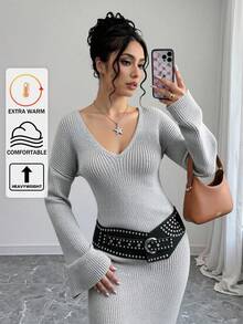 CasuGlow Deep V Neck Solid Color Plain Pattern Drop Shoulder Double Cuff Oversize Fit Cozy Maxi Knitted Dress - Light Grey - View 5