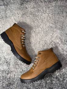 Hombre resistente costura doble punta redonda cordones gruesos suela dentada estilo outdoor trabajo excursión bota alta - Amarillo - Ver 3