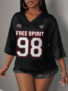 Slaydiva Casual Minimalist Letter & Number Graphic Women T-Shirt, Suitable For Summer