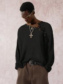 STYNVO Men's Loose Fit Eyelet Lace-Up Design Long Sleeve Sweater, Autumn, Fall - Black - View 4