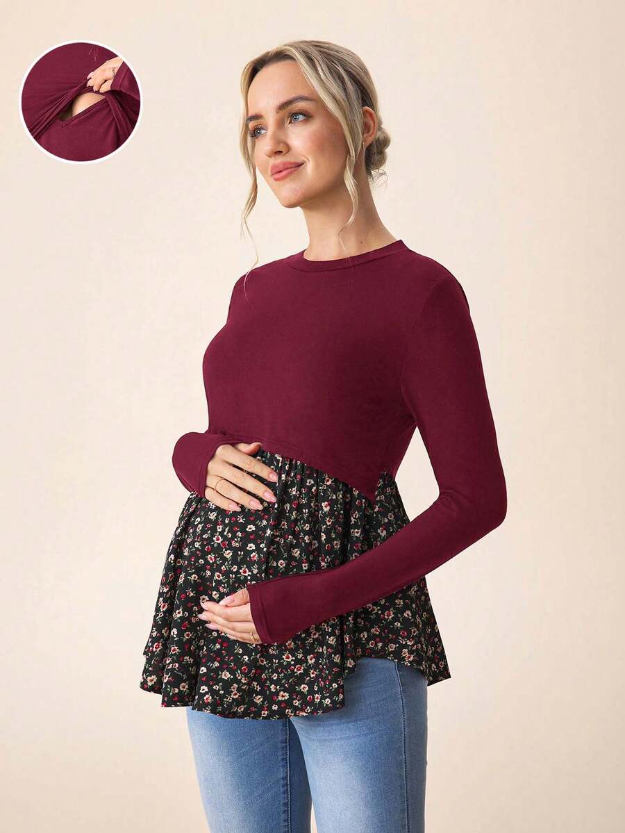 SHEIN 孕妇休闲哺乳拼色长袖T恤，秋季 - 酒紅色 - 查看 1