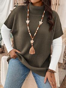 大码纯色高领蝙蝠袖针织上衣，秋冬休闲装 - 軍綠色 - 查看 3