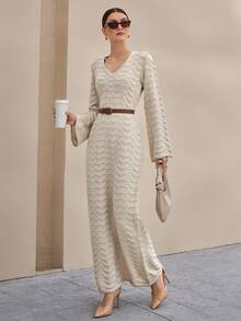 CLARA VERO Women Solid Color Irregular Stripe Deep V-Neck Flair Sleeve Maxi Sweater Dress  Beige Knit Maxi Dress,Petite - Beige - View 7