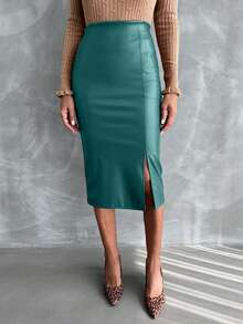 Women's Split Hem Pu Skirt - Dark Green - View 3
