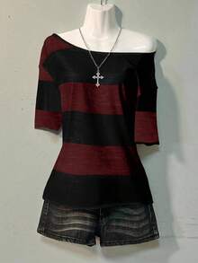 Attitoon 不对称领休闲宽松百搭大码女式T恤 - 紅色 - 查看 3