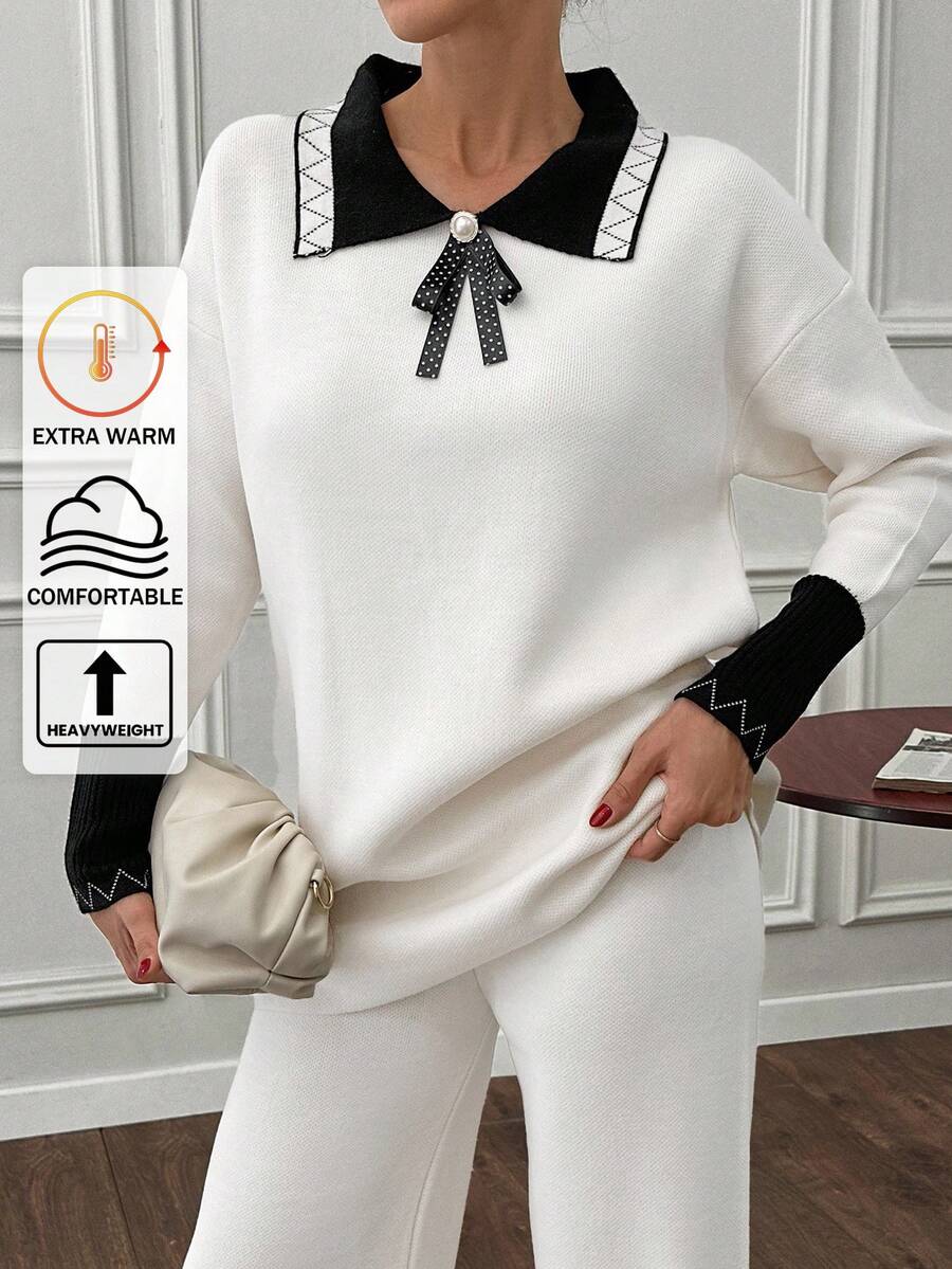 EURMUSE Women Peter Pan Collar Ribbon Detailed Drop Shoulder Sweater & Sweater Pants Set,Petite,Winter Clothes - Beige - View 1
