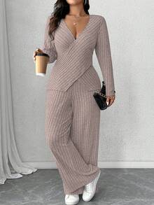 Calvaya Plus Size Soft Knit Ribbed Fabric Criss-Cross Long Sleeve T-Shirt + Soft Ribbed Wide Leg Pants Casual Homewear 2 Pieces Set - Pink - View 5