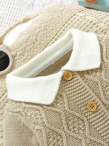 SHEIN 新生儿婴儿蓝色彼得潘领毛衣连体裤，绅士风小翻领连体裤，休闲简约 - 卡其色 - 查看 5