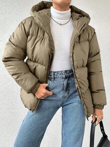 EURMUSE 女式休闲纯色拉链连帽长袖棉服外套，秋冬 - 米色 - 查看 6