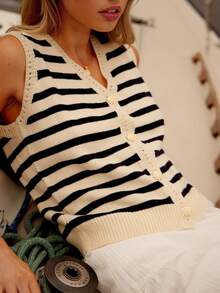 WESTFADE V 领贝壳纽扣前襟宽松条纹毛衣针织背心可爱秋季上衣，休闲，秋季，冬季，波西米亚风，纳什维尔女牛仔乡村，西部女装 - 彩色 - 查看 2