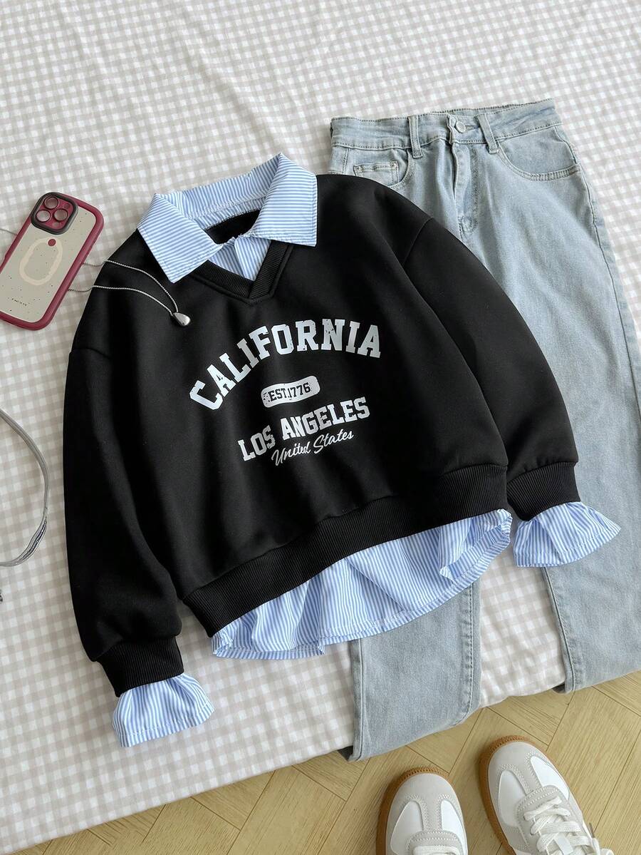 Tween Girls Sweatshirt, Casual College Style Versatile, 2 In 1 Sweatshirt Shirt Collar Numeric & Letter Print Leopard Pattern Loose Fit - Black - View 1