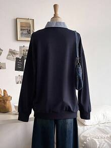 1pc Teen GirlSweatshirt With Collar Splice, Long Sleeve, Ribbed Cuffs And Hem, Casual Urban College Style Sweatshirt, Autumn