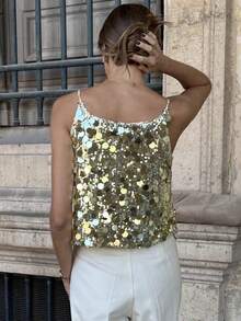 Pariaura 女士简约优雅亮片吊带背心，适合派对、秋冬、圣诞节、新年等场合，金色上衣，时尚简约休闲派对装扮 - 金色 - 查看 2