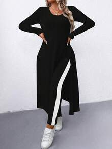 SHEIN LUNE Conjunto de 2 piezas de top de manga larga acanalado y pantalones para mujer de talla grande