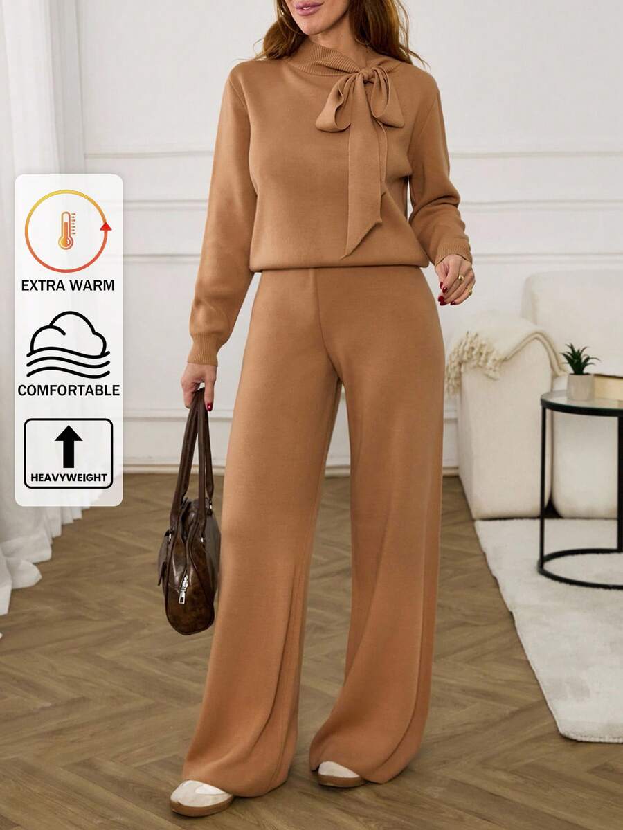 EURMUSE 别致的棕色针织开衫，配蝴蝶结细节 - 駝色 - 查看 1