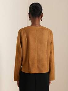 Lyxana Women's Minimalist Solid Color Single-Breasted Round Neck Long Sleeve Jacket, Suitable For Autumn/Winter - Brown - View 2