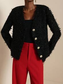 Lyxana Women's Elegant Solid Color V-Neck Metal Buckle Decorated Jacket - Black - View 3