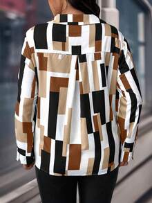 SHEIN PETITE CURVE Clasi Plus Size Women's Spring/Autumn Geometric Print Long Sleeve Single-Breasted Casual Shirt