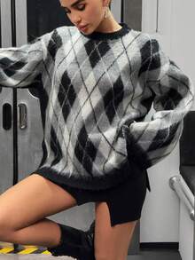 CasuGlow Stickad tröja i Argylemönster för kvinnor i nyanser av grått och svart - Grå - Visa 5