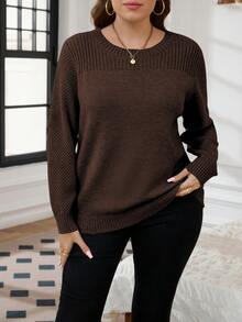 SHEIN LUNE Plus Size Solid Color Crew Neck Sweater, Casual For Autumn/Winter - Coffee Brown - View 4
