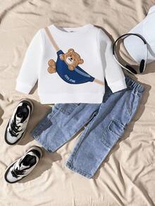 SHEIN 2pcs/Set Infant Toddler Unisex Baby Boy/Girl Casual Bear Print Long Sleeve Crew Neck Sweatshirt & Blue Elastic Waist Pocket Denim Pants Set, Suitable For Casual, Outdoor, Travel, Fits 6 Months To 2-3 Years Old, Autumn/Winter Baby Set Autumn Winter Season Baby Casual Sets Baby Boy Winter Sets Baby Boy Sweatsuit Baby Boys Outfit Baby Tracksuit Baby Boy Street Wear Baby Boy Sweatsuit Infant Boy Clothes With Bear - Multicolor - View 3