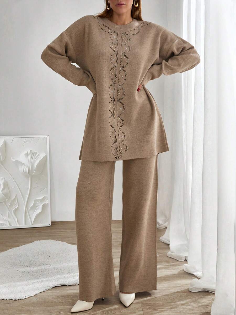 Woman Regular Fit Rhinestones And Embroidery Detailed Winter Thick Sweater Co-Ords Two Piece,Loungewear Set,Autumn Outfits Women - Camel - View 1