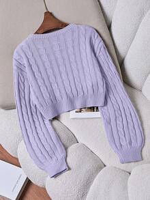 Franclia Áo len dệt kim ngắn màu trơn thường ngày thời trang nữ - Màu tím hoa cà - Xem 2