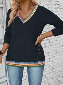 EMERY ROSE Camiseta de manga larga con cuello en V, estampado de rayas de colores y parches, talla grande para mujer, nueva llegada para otoño/invierno - Azul Marino - Ver 4