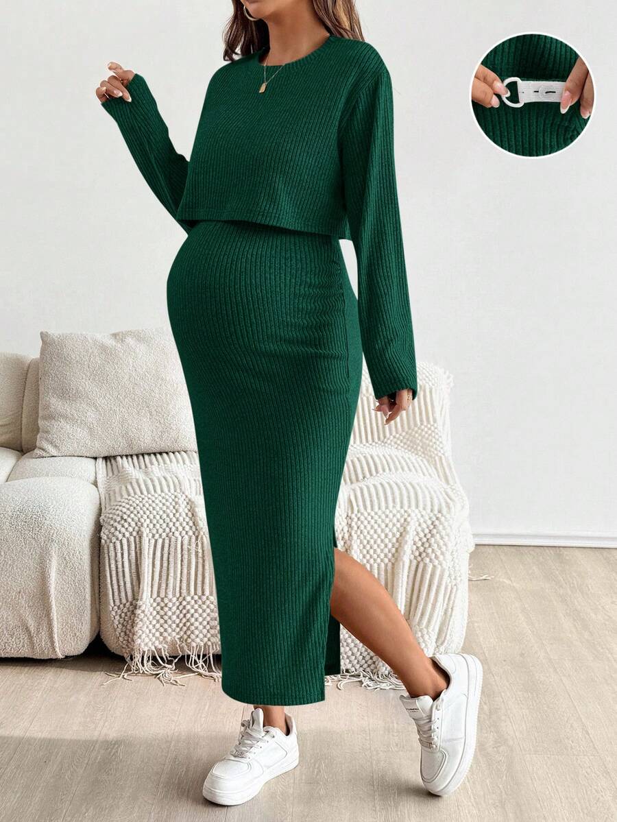 SHEIN Dwuczęściowy komplet ciążowy z okrągłym dekoltem i krótkim rękawem