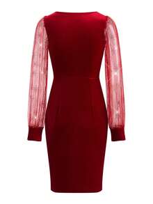 Ellevyn 女士针织弹力修身心形领灯笼袖优雅日常穿着秋冬连衣裙，适合圣诞节、节日派对 - 紅色 - 查看 9