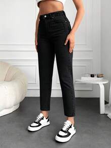 EURMUSE 100% Cotton Women High Waist Tapered Dark Washed Denim Capri Pants