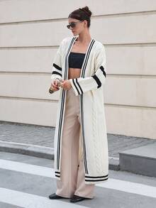 CLARA VERO Damen Strick-Muster Langcardigam mit offenem Schnitt und Streifendetails am Saum - Beige - Übersicht 3