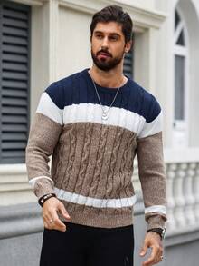 Manfinity Homme 加大码男士撞色绞花针织圆领长袖毛衣，秋冬款 - 彩色 - 查看 4
