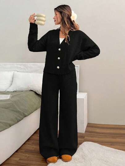 SHEIN Cottnline Woman V Neck Long Sleeves With Pearl Buttons Cardigan And Pants Two Pieces Knitwear Set