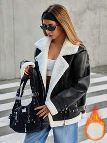 EURMUSE Women Pu Leather And Fake Fur Insided Jacket Coat - Black - View 1