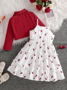 2 件套年轻女孩时尚西装领长袖夹克 + 松紧腰樱桃印花吊带蛋糕裙连衣裙，休闲度假装，春秋季 - 紅色 - 查看 2
