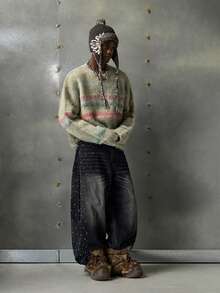 NEON BLANC Men's New Fashion Casual Colorblock Striped Pattern Loose Fit Fluffy Knit Pullover Sweater, Machine Washable Or Dry Clean, For Fall Winter