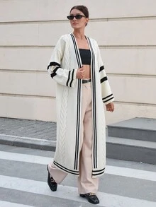 CLARA VERO Damen Strick-Muster Langcardigam mit offenem Schnitt und Streifendetails am Saum - Beige - Übersicht 4