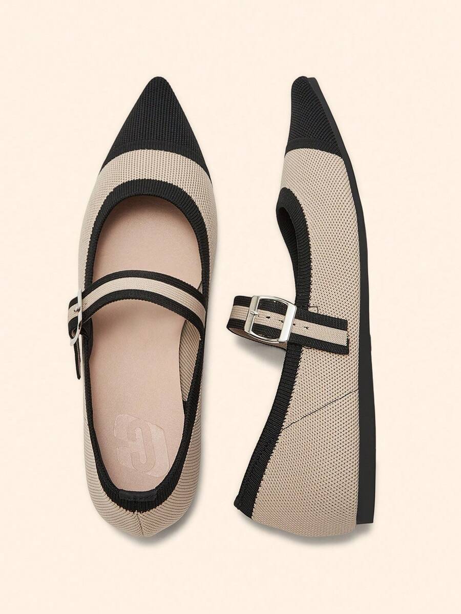 CUCCOO BASICS 女士尖头平底交叉针织面料舒适百搭通勤工作休闲一脚蹬平底鞋 - 杏色 - 查看 1
