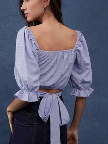 WESTFADE 纹理针织方领泡泡袖后背蝴蝶结短款上衣秋季、秋季、冬季、休闲可爱波西米亚风、女士西部服饰、乡村音乐会 - 紫色 - 查看 5