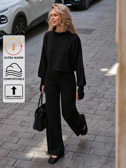 EURMUSE Chic All-Black Minimalist Lounge Set With Cropped Turtleneck And Relaxed Pants,Co Ords Sets Women,Petite Co Ord,Co Ord,Petite,Winter Clothes