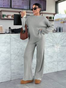 EURMUSE Ensemble sweat-shirt à manches longues avec épaules tombantes et pantalon de jogging - Gris - Voir 3