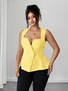 Elenzga Blusa sin mangas de unicolor elegante para tallas grandes con cuello en V - amarillo ganso - Ver 7