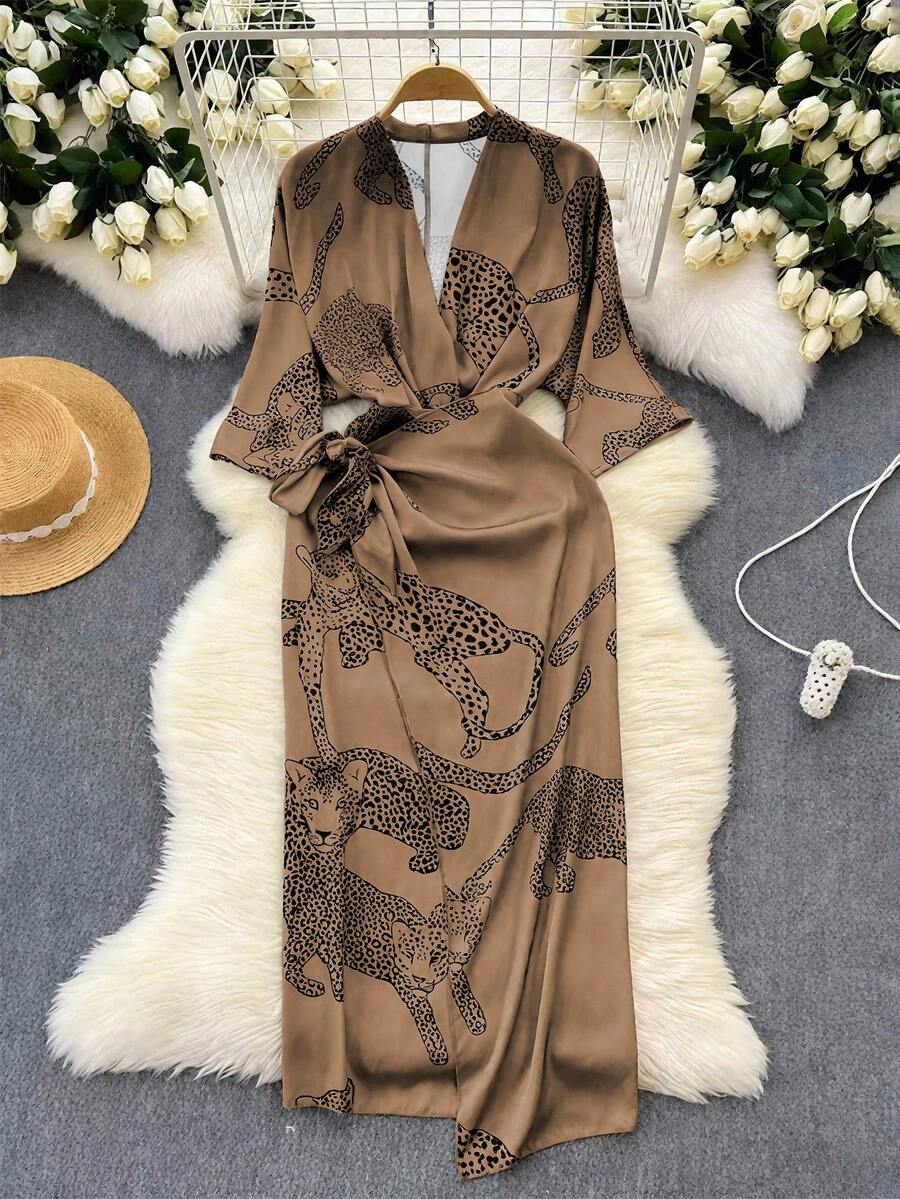 Qadelle Đầm midi tay dài họa tiết da báo thắt nơ chéo cổ chữ V thanh lịch dành cho nữ, phù hợp để đi làm, đi nghỉ và mọi mùa - Nhiều màu - Xem 1