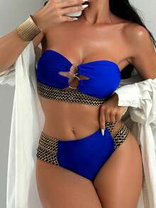 Swim SXY Stitch Detail Ring Linked Bandeau Bikini,Summer Beach - Royal Blue - View 4