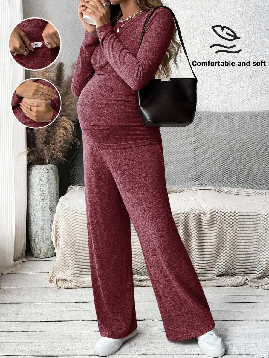 MaterniWear 圆领长袖针织T恤和可调节腰围直筒裤女直筒裤秋季套装宽松套装适合宝宝礼物 - 紅色 - 查看 1