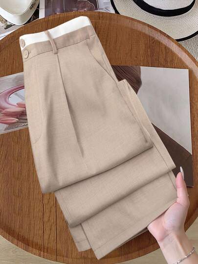 GlowEve CURVE Pantalones casuales rectos de talla grande para mujer con cintura en contraste de color